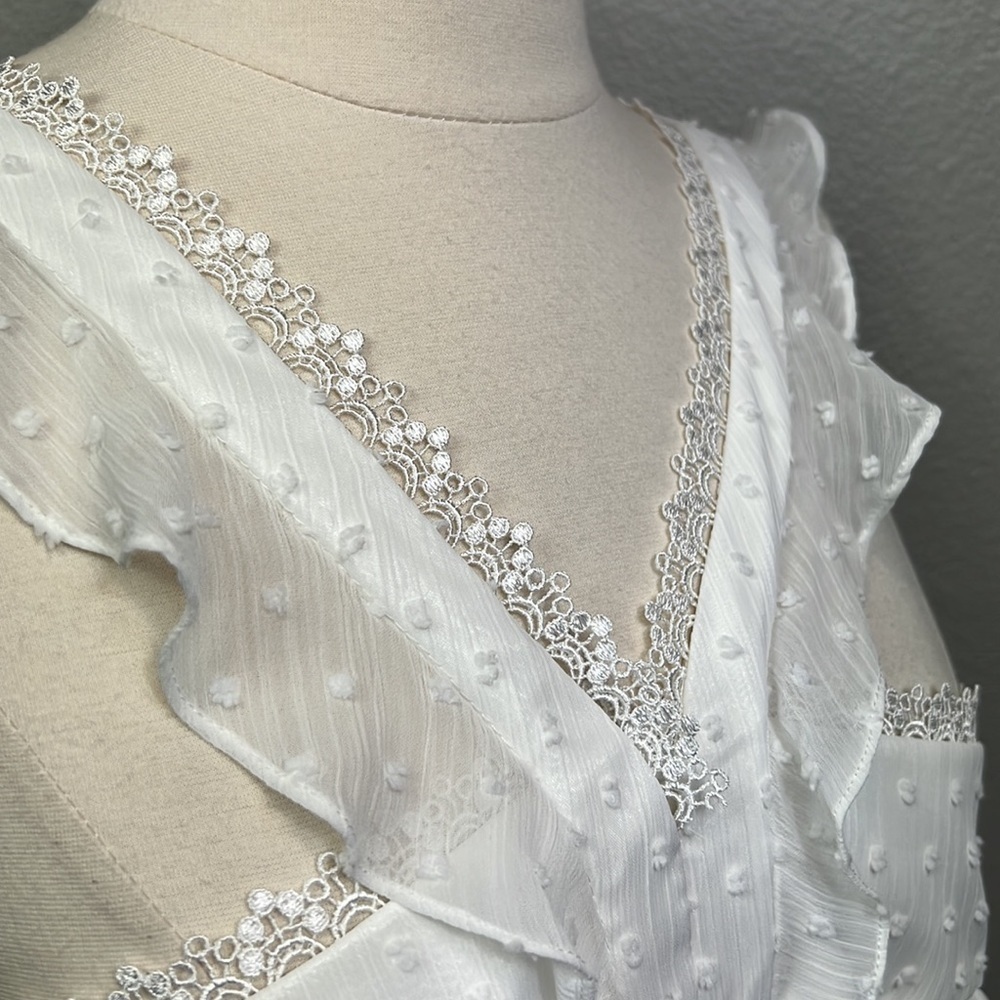 NWT Monique Lhullier White Midi Dress Eyelet Blouson Raised Polka Dots Lace 6 - Picture 10 of 13